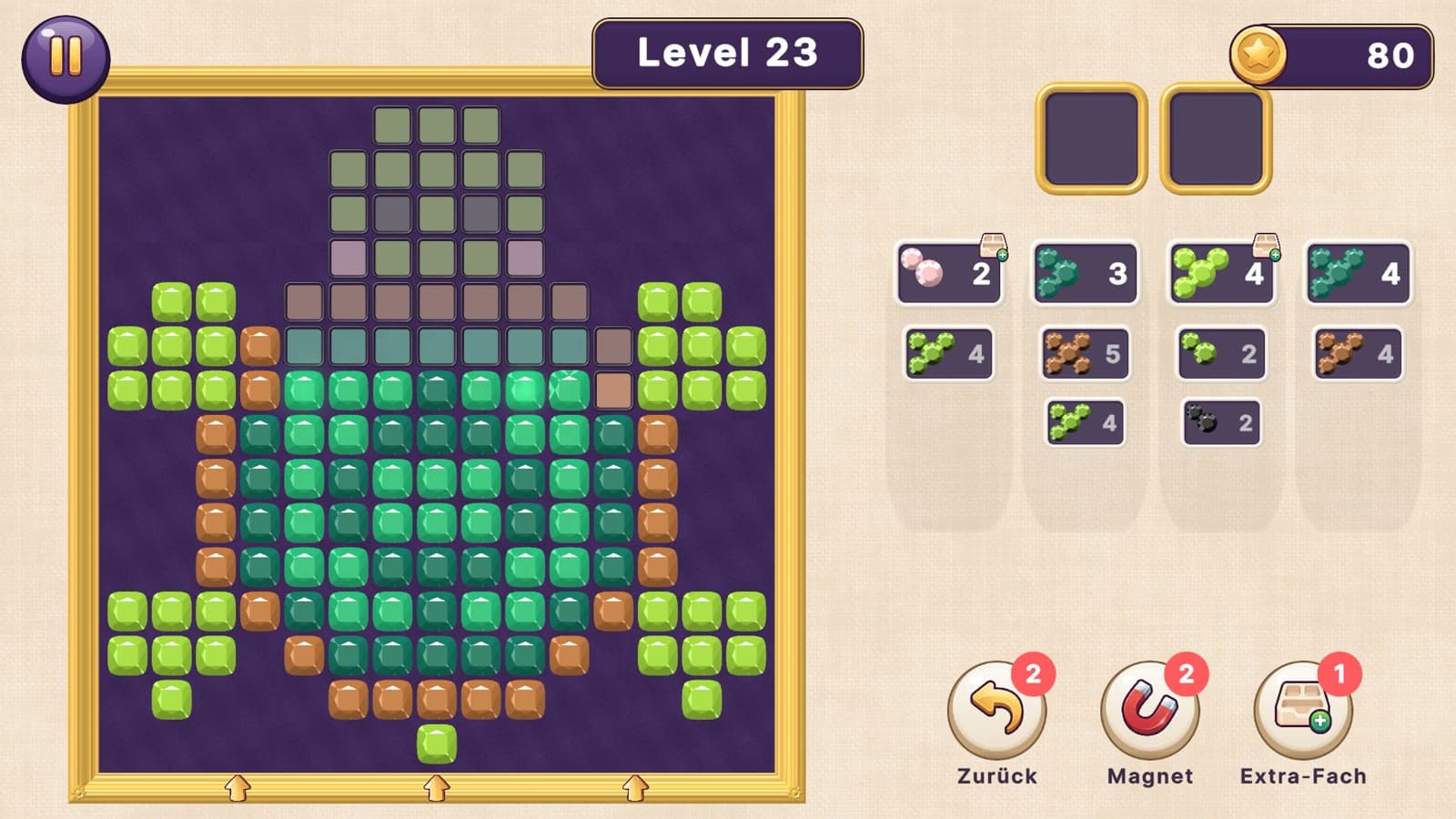 Level 23 half solved: the turtle's shell fills with green gems